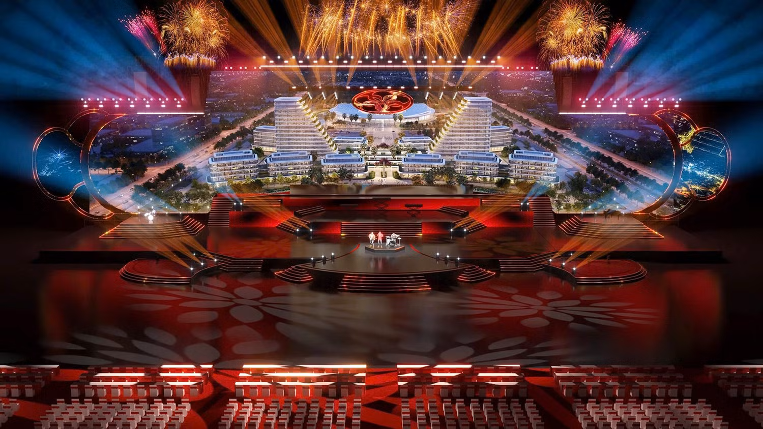 Mô phỏng sân khấu đêm khai mạc Lễ hội Hoa Phượng Đỏ - Hải Phòng 2026 với quy mô hoành tráng và công nghệ tiên tiến.